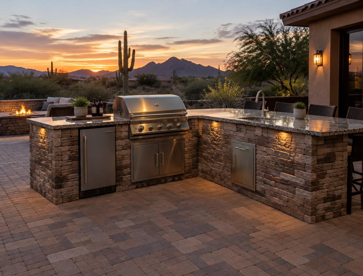 Outdoor kitchen BBQ island on a paver patio at sunset
