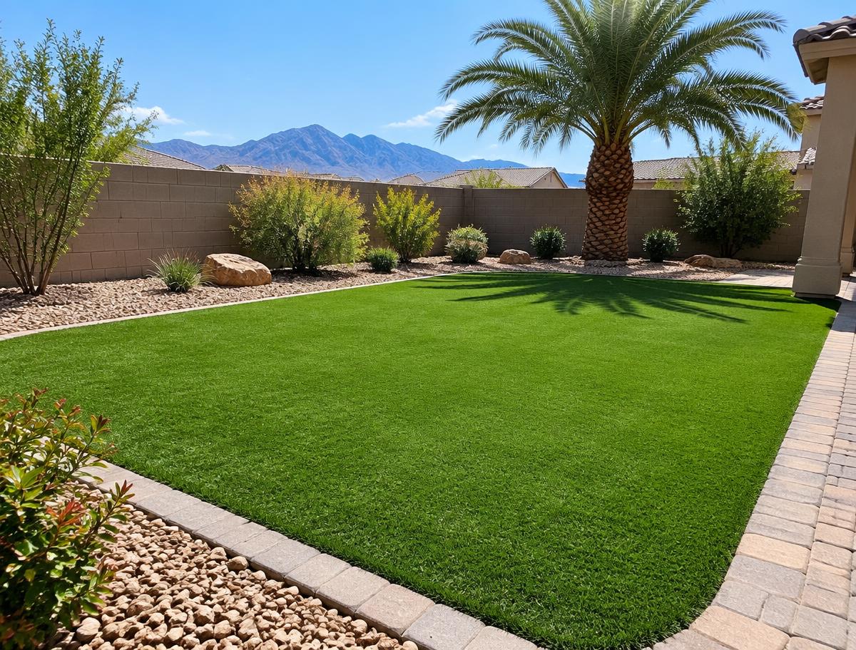 Artificial turf lawn edged with pavers in a desert backyard