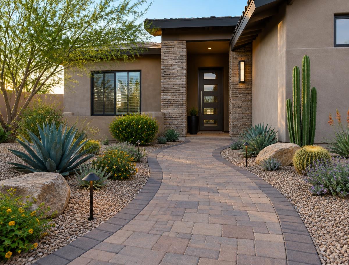 Curved paver walkway leading to a front door with desert plants